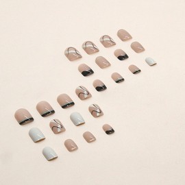 Short Press on Nails Square False Nails with Swirl Glitter Full Cover Stick on Nails White Acrylic Nails French Tip Glue on Nails Glossy Artificial Nails Nail Decorations for Women Girls