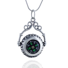 FashionJunkie4Life Compass Pendant Necklaces for Men and Women, Sterling Silver, Cubic Zirconia