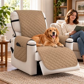 Waterproof Recliner Quilted Cover – Nonslip Furniture Slipcover with Elastic Straps & Storage Pockets for Pets, Kids & Home