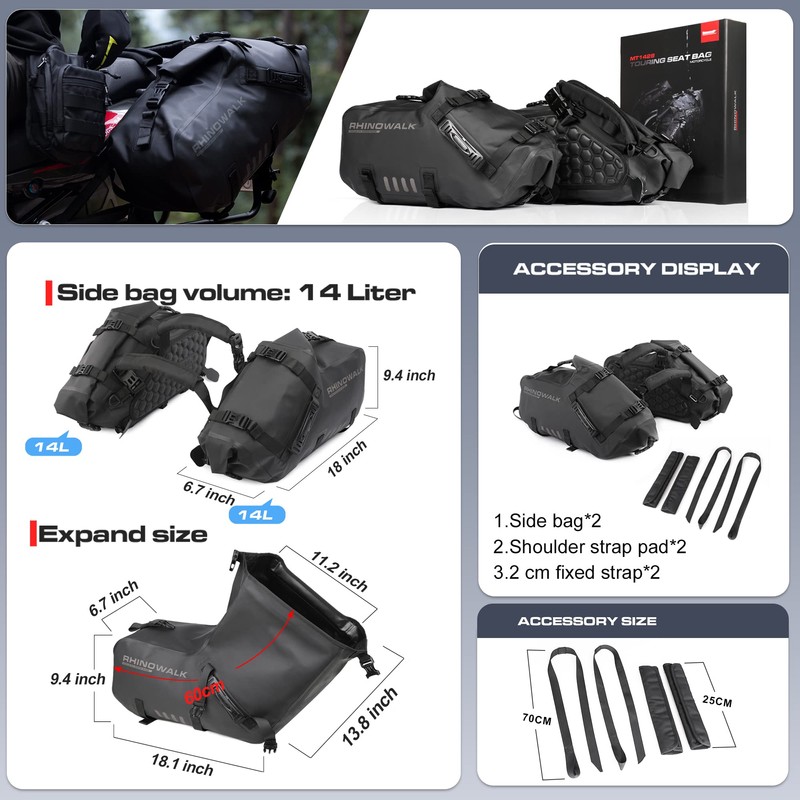 Rhinowalk Motorcycle Saddle bags, Waterproof motorcycle saddlebags, shoulder bag 28L(14L*2),