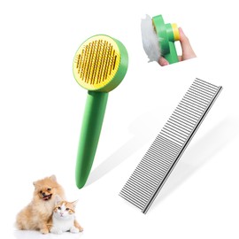 FOR-HI Dog & Cat Brush,Pet Grooming Kit 2PCS- Cat Brush for Shedding| Pet Metal Comb. Self-Cleaning Slicker Brush for Short and Long Hair. Removes Undercoat, Loose Hair, Tangled, Dirt and Massages.