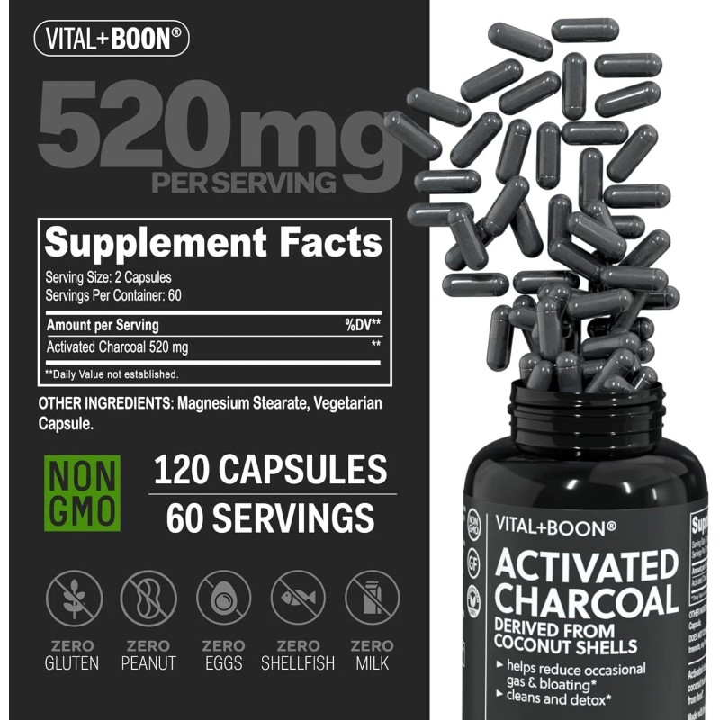 Activated Charcoal Pills – Derived from Coconut Shells – Black