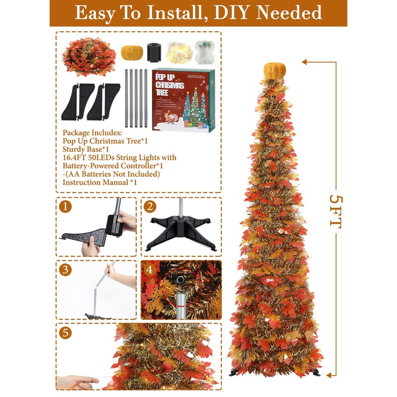 5 FT Pop Up Fall Tree with Timer Lights &