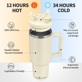 Labulabla 40oz Tumbler with Handle,Double Wall Vacuum Reusable Stainless Steel Insulated Water Bottle,With Leak Proof lid and Straw for Iced or Cold Beverages (Beige)