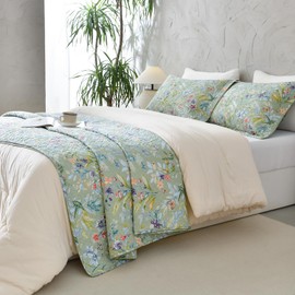 Sanracie Oversized King Bedspread(128"x120"),100% Cotton Green Floral Quilt Set 3Pcs Lightweight Flower Bird Butterfly Print Botanical Bedding Coverlet California King Size Extra Large Wide