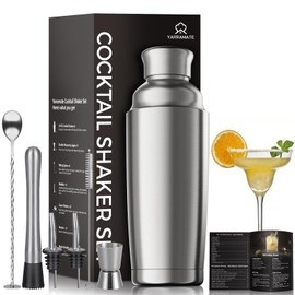 YARRAMATE 8-Pcs 24 oz Cocktail Shaker Set with Built-in Strainer, Premium Vacuum Insulated Stainless Steel Martini Shaker Kit-Jigger Mixing Spoon Muddler 2 Pourers Cocktail Recipe for Drink Mixing