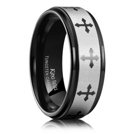 King Will 8mm Black Tungsten Carbide Rings for Men Lord's Prayer Engraved Mens Christian Cross Bible Ring Male Religious Faith Wedding Band Brushed Finish Stepped Edge, Size 9