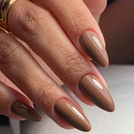 Short Press On Nails Almond Shaped Fake Nails Brown Glossy Acrylic Nails Pure Color False Nails With Designs Artificial Full Cover Glue On Nails For Women Girls Stick On Nails 24pcs