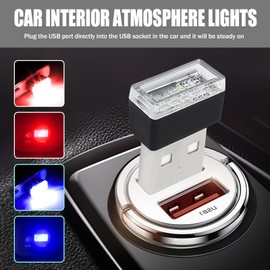 4 PCS USB LED Car Interior Atmosphere Lamp, Portable Mini Auto LED Decor Night Light, Plug-in USB Interface Ambient Lighting Kit, Universal Car Interior Accessories (Red+Blue)