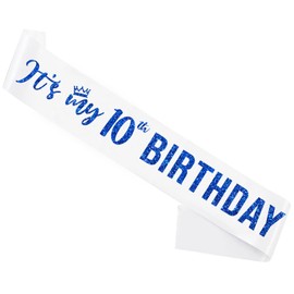 It’s My 10th Birthday Sash,10th Birthday Sash for Girls,Glitter Letter 10th Birthday Sash for Girls,Happy 10th Birthday Party Decorations,White and Blue