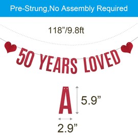 50 YEARS LOVED Banner,Pre-Strung, 50TH 50 Years Old Birthday/Wedding Anniversary Party Garlands Bunting Sign Photo Props Backgrounds Decorations Supplies,Letters Red,ABCpartyland