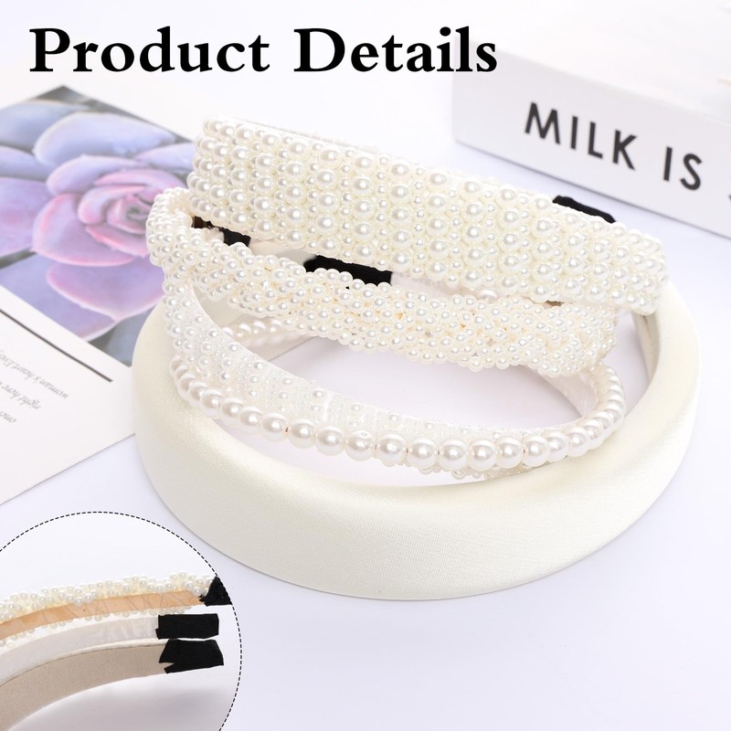 Avxdbr 5Pcs White Pearl Headbands for Women Faux Pearls Wide