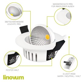 linovum ATOA LED Recessed Spotlight, 360° Ceiling Spotlight, Swivelling, Water Protection, IP65 with 3 Colour Modes CCT, Dimmable in White, Round, 6 W for 230 V