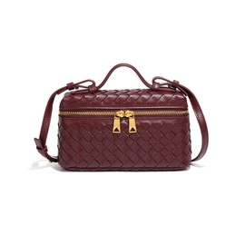 Trendy Women Woven Square Box Bags Mini PU Leather Top-Handle Tote Handbag Crossbody Purse Cute Satchels Shoulder Bag (Wine Red)