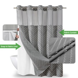 eachope Extra Long Grey No Hook Shower Curtain with Snap-in Liner Set,Boho White Woven Fabric Tufted Chevron Striped Design,Modern Chic Minimalist Bathroom Curtain,71x86