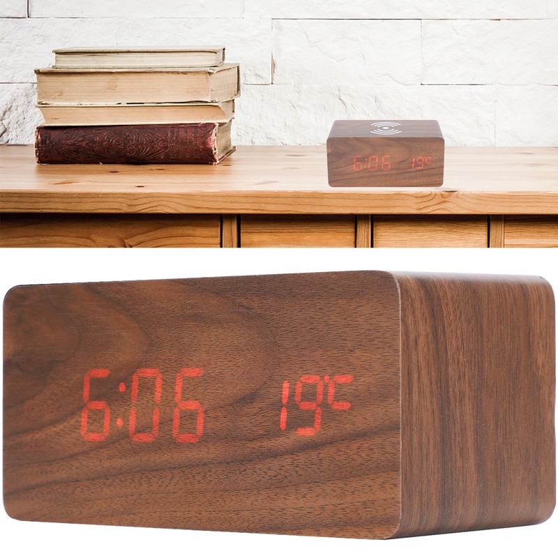Wireless Charging Clock Digital LED Electronic Alarm Rectangular Wooden Bedside