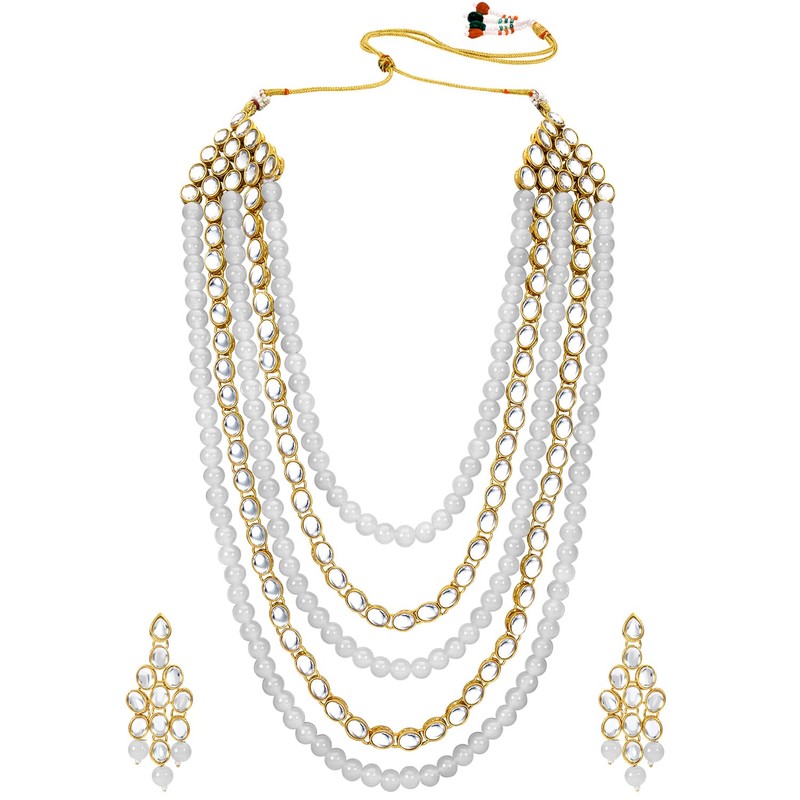 Aheli Kundan Pearl Long Multi Layered Collar Pendientes Set Joyería