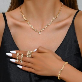 Conjunto de 5 piezas de Joyería con Bolso de Mano,Brillante Joyas Mujer de Regalo Bolso de Noche Collar Pendientes Pulseras Anillo para Mujer Joyas para la Fiesta de Graduación de la Novia (Oro)