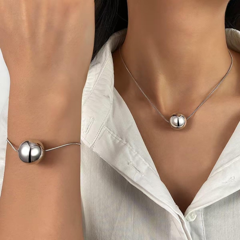 JDONL Punk Large Ball Bracelet Necklace Set Silver Big Round