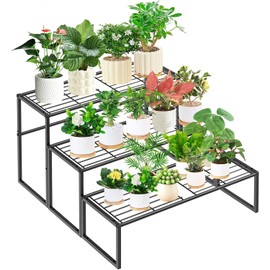 Soporte de metal de 3 niveles para plantas para interiores y exteriores, estante para macetas con múltiples flores, estante de exhibición resistente para patio, balcón, jardín, sala de