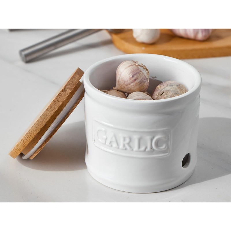 ONEMORE Garlic Keeper with Lid, Ceramic Garlic Saver 4 inch,