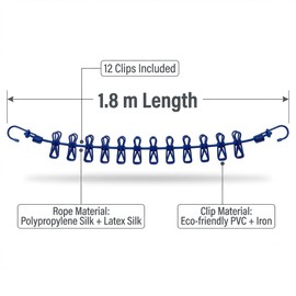 Travel Clothesline 2 Pack with 24 Clips, Portable Elastic Laundry Line with Hooks and Storage Bag for Hotel, Camping, RV and Cruise, Black & Blue