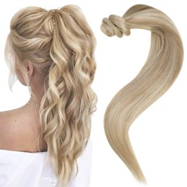 Easyouth Blonde Ponytail Extension Human Hair Pony Tails Hair Extensions Golden Blonde Highlighted Light Blonde Ponytail Hair Extension Wrap Around Human Hair 20 inch 80g