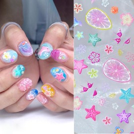 Summer Nail Stickers for Nail Art 5D Embossed Flowers Dolphins Starfish Nail Decals Shell Jellyfish Mermaid Tail Designs Floral Laser Butterfly Lemon Nail Sticker Ocean Beach Acrylic Nails for Women