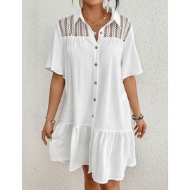 Bsubseach Swim Cover Up for Women Lace Splicing Bathing Suit Cover Up Bell Sleeve Beach Dress(S, White)