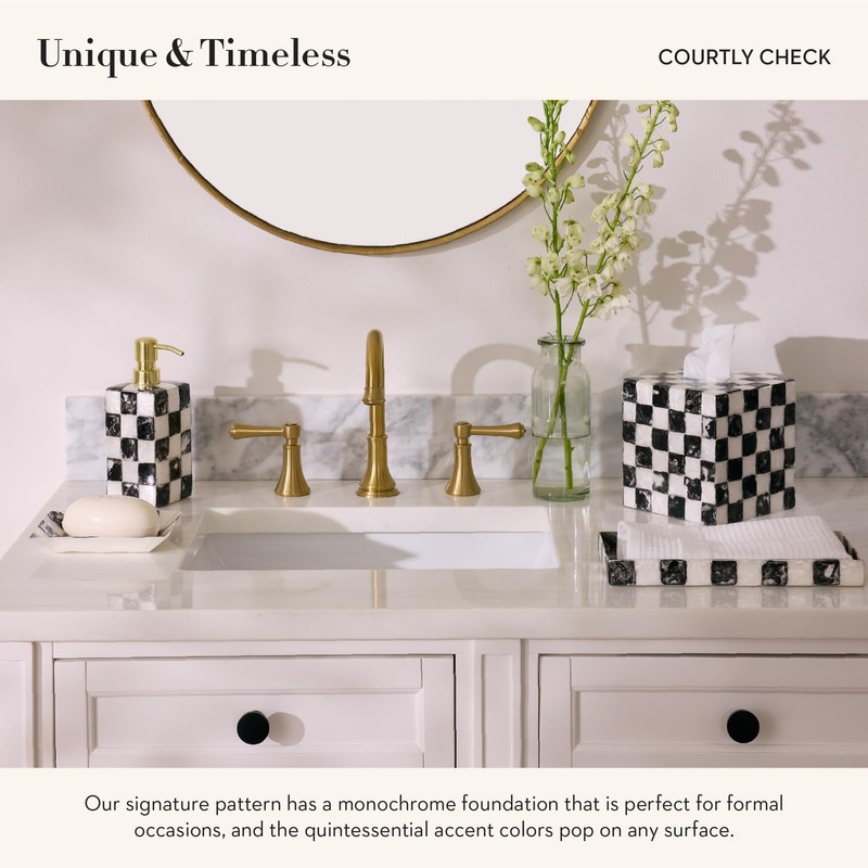 MACKENZIE-CHILDS Capiz Soap Dish, Decorative Soap Holder, Black-and-White Courtly Check