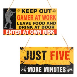 2pcs Funny Gaming Signs Just Five More Minutes Wooden Sign Hanging Game Signs Bedroom Door Sign with Jute Rope for Boys Birthday Xmas Gift
