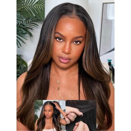 Nadula Ombre Brown Yaki Straight V Part Wig Human Hair with Drawstring No Leave Out EasiContour Vpart Wigs,Glueless Chestnut Brown Highlight Clip in V-part Yaki Wig, Upgrade Yaki U Part Wig 18inch