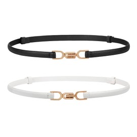 WHIPPY Pack of 2 Slim Waist Belt for Women Adjustable Thin Belt Slim Leather Belt with Gold Metal Buckle for Dress, B-Black+White