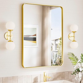 TokeShimi Gold Bathroom Mirror 22x30,HD Tempered Glass,Brushed Gold Bathroom Vanity Mirror for Over Sink,Aluminum Framed Mirror Wall(Horizontal/Vertical)