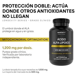 GENFINITY - Ácido Alfa Lipoico (ALA) 1,200 mg por Dosis, 120 Cápsulas, Pureza ≥98% Grado Clínico, Suplemento Alimenticio - Top Quality
