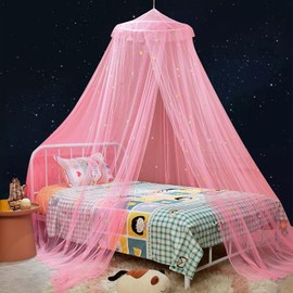 ZIQINPSQ Bed Canopy for Girls with Glowing Stars,Princess Bed Canopy Bed Curtains for Single Double King Size Bed,Bed Netting Room Decor, Ceiling Tent to Cover Toddler (Pink-Star)