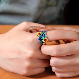 OIDIMS Elegant Flower Enamel Rings For Women Fashion Statement Wedding Engagement Ring Comfort Fit Adjustable Open Finger Band Vintage Ring Dainty Birthday Christmas Jewelry Gifts
