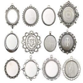 Youdiyla 10 Pendant Trays, 30x40mm, Blank Oval Cabochons Base Setting Bezel Frame Metal Cameo for Photo Pendant Jewelry Making (Antique Silver-HM278)