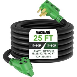 RVGUARD 50 Amp 25 Foot RV/EV Extension Cord, NEMA 14-50P/R Heavy Duty Extension Cord with LED Power Indicator and Cord Organizer, Green, ETL Listed