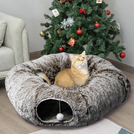 AUOON Cat Tunnel with Central Mat,Big Tube Playground Toys,Soft Plush Material,Full Moon Shape for Kitten,Cat,Puppy,Rabbit,Ferret (Brown)
