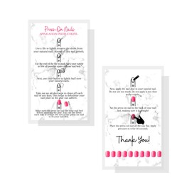 Press-On Nail Application Instructions Cards | 50 Pack | 2x3.5" inch Business Card Size | DIY Press-On Nail Kit | Marble with Pink Design