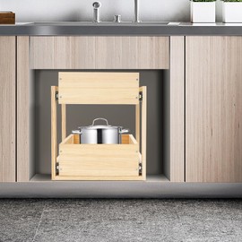 Pull Out Cabinet Organizer, 2 Tier Drawer Shelf with Full Extension Rails, Kitchen Wood Drawer Storage Shelves for Pots Dishes Spoons Seasonings (14 * 21 * 16in)