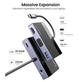 ORICO 5-in-1 USB-C Hub USB C Multiport Adapter with 4K HDMI, VGA, 100W PD, 5Gbps USB-A3.0×1, 3.5mm Audio×1, USB C Dock for MacBook Pro/MacBook Air/Dell/HP/Lenovo