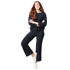 Softies Solid Marshmallow Reverse Seam Crew Neck Lounge Set for Women, 2 Piece Loungewear with Bracelet Sleeves, Made of Cloud Soft Fabric, Black, Large