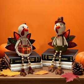 Fall Mantel Decor Thanksgiving Tabletop Decoration Stuffed Turkey, 12"*17" Turkey Shelf Sitting,Animals Figurines, Couple Doll Handmade Ornaments Autumn Decorations for Mantel Fireplace 1SET(2PCS)
