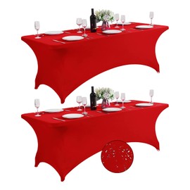 SuperO 2Pack Waterproof Spandex Table Cover for 8FT Table Universal Fitted Stretch Tablecloth for Party, Banquet, Wedding and Events-Red