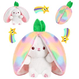 MIAODAM Strawberry Bunny Stuffed Animal, Iridescent & Strawberry Bunny Plush Turn Into Rabbit Fruit Doll, Plushies Funny Bunny Plush Toy for Babies and Kids(7 inch)