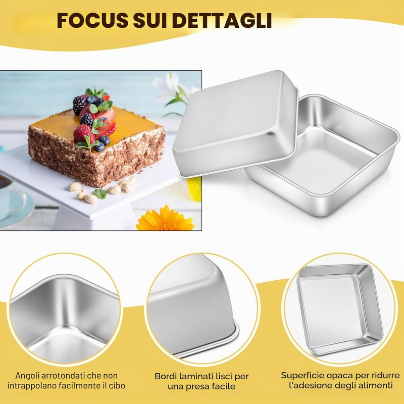 Set di 2 stampi quadrati per torte, in acciaio inox,