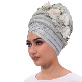 Gold Color Turban Cap for Women Diamonds Flower African Female Head Wraps Bonnet Nigeria Autogele Headtie (US, Alpha (Alpha), One Size, M, White)