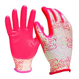 Digz Stretch Knit Garden Gloves with Nitrile Coating | Latex-Free Rubber Gardening Gloves | Color: Rose Pattern | Size: Medium